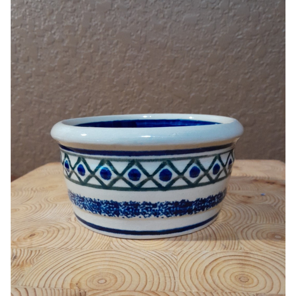 Boleslawiec Polish Pottery 5.25" Bowl Blue White Green Geometric Pattern